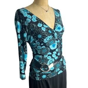 Two Beautiful Blue Black Floral V Neck Ruched Long Sleeve Y2K Boho Top Size S